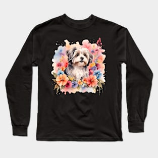 A havanese decorated with beautiful watercolor flowers Long Sleeve T-Shirt